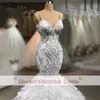 Party Dresses Feather Crystal Mermaid Wedding Dress Lace Appliques Beads Bridal Gowns Custom Made Spaghetti Strap Sleeveless Vestido de novia 230214