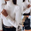 Kvinnor BLOUSES Fashion Women Turtleneck Ribbed Shirts Cuff Buttons Detalj Långärmad botten Höst Vinter Kvinnliga Slim Plain Tops