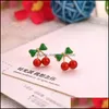 Stud Earrings Wholesale Promotion Plated Korean Red Cherry Crystal Rhinestone Leaf Drop Pretty Statement Delivery Jewelry Dhw5M