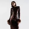 Casual Dresses Winter Long Sleeve Women Dress Sequins Feathers Glitter Midi Sexy Bodycon O Neck Celebrity Evening Party Vestidos