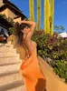 캐주얼 드레스 백리스 맥시 드레스 섹시한 오렌지 스파게티 스트랩 슬림 여성용 롱 클럽 파티 비치 여름 블루 의상 2023