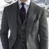 Męskie garnitury Blazers Grey Wool Tweed Winter Men Suit na wesele Formal Groom Tuxedo Herringbone Męska moda 3 sztuki kamizelka pantstie 230215