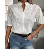 Women's Blouses Shirts Chic Solid Hollow-out V Neck Lace Blouse Floral Patterns Embroidery Decoration Casual Women Shirt Puff Sleeved Half Cotton Tops 230215