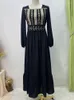 Etniska kläder dubai muslimsk klänning abaya vintage broderi bälte kaftan linne fyrkantig krage långärmad kaftan marocain islamiska kvinnor