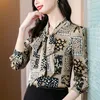 Kadınlar bluzlar Bahar ve Sonbahar Şifon Baskı Gömlek Bluz Kadın 2023 Hafif Pişmiş Yay Ceket Yabancı Uzun Kol