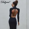 Casual jurken Dulzura 2021 Autumn Winter Vrouwen Zwart lange mouw Hollow Out Backless Midi Dress Slit Bodycon Sexy streetwear Party Elegant T230210