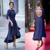 High Low Mother Of The Bride Dresses Sexy Open Back Tea Length Dark Navy Vintage Wedding Party Gowns 3/4 Long Sleeves A-Line Simple Elegant Groom Mom Prom Evening Dress