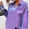 Kvinnor Bluses Office Loose Purple Satin Shirt Kvinnor Hösten Långärmad Kvinnors blus Fashion avvisar krage glänsande toppar 22904