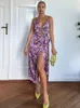 Casual Dresses Party Elegant Slip Dress Women Summer Vintage Print Satin Midi 2023 Sexy Spaghetti Strap V Neck Waist Tie Wrap Woman