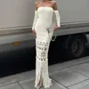 Casual Jurken Kwastje Zoom Hol Off-Shoulder Maxi-jurk Elegant Sexy Gebreide Lange Mouwen Vakantie Feestkleding C16-EI34