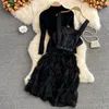 Work Dresses Winter Black Stand Collar Tight-Knit Foundation Unlined Upper Garment High Waist Stitching Fringe Suspender Dress Two Pieces