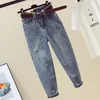 Jeans femininos cintura alta mãe com cinto mulheres namoradas bolso reto solto vintage denim calças vaqueros mujer ys9860 230214