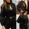 Womens Blouses Shirts Women Mesh Net Blouse Sheer Long Sleeve Ladies Shirt Black Front Hollow Sexy Tops Clothing Summer Female 230214