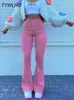 女子ジーンズストリートウェアY2Kフレアジーンズ女性ハイウエスト90年代ファッションピンクのストレッチバギーママジーンズワイドレッグパンツエレガントデニムズボン230215