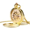 Pocket Watches Golden Delicate Luxury Unique Smooth Mirro Case Double Transparent Skeleton Dial Automatic Mechanical Fob