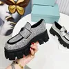 Designer women crystal-embellished casual shoes thick bottom gear triangle loafers black genuine leather shoe Increase platform sneakers 35-42