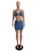 Work Dresses Sexy Blue Bandage Denim Two Piece Dress Sets Summer Mounted Neck Backless Cleavage Bra Tops And Lace Up Drawstring Bodycon