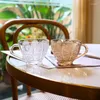 Cups Saucers Luxury And Retro Coffee Glass Cup Saucer Set Nordic Vintage Relief Flower Pattern Mugs Water Cafe Tea Milk