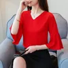 Kvinnors blusar Red Chiffon Blue Shirt Summer 2023 Fashion Blusa Half-Sleeve Women Top V-Neck kvinnlig Sexig elegant kvinnokläder