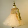 Robes de filles en or pour le mariage en dentelle Applique Ruffles Kids Formel Wear Sans manches Long Beach Girl's Pageant Robes d'anniversaire paillettes 403