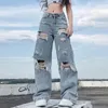 Women's Jeans Streetwear Straight Pants Ladies Ripped Jeans Mid Waist Loose Wide Leg Pants Ladies Jeans Y2K Summer High Street Cargo Pants 230215