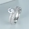 Anneaux De Mariage Blanc Zircon Anneau Ensemble Dainty Cristal Ovale Pierre Double Boho Argent Couleur Ensembles De Fiançailles Pour Les Femmes