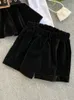 Kadınlar İki Parçalı Pantolon Deat Bahar Uzun Kollu Patchwork Velvet Boyutu Kemerle Küçük Üstler Yüksek Bel Şortları Set MH334 230214