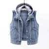 Womens Vests Women Denim Spring Autumn Clothes Sleeveless Wild Tops Blue Short Hooded Jacket Jeans Vest Female Waistcoat 230215