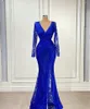 Party Dresses Royal Blue Lace Mermaid Evening V Neck Long Sleeve Side Split Gowns Illusion Red Carpet Prom Quinceanera Dress