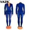 Kvinnors tvåstycksbyxor Vazn Shinny Sport Blue Casual Tracksuit For Women Denim Set Full Sleeve 2 Piece Sets Night Club Young Lady Sport Set 230214