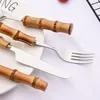 Ensembles de vaisselle 1pc en acier inoxydable couverts créatifs couteau fourchette cuillère à café manche en bambou couverts haut de gamme miroir vaisselle de cuisine
