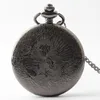 Pocket Watches Antique Black Roman Numbers Quartz Watch Carving Graved Fob Clock Men Women Gift With Necklace #011001