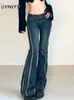 Women's Jeans Weekeep Vintage Flared Jeans Striped Stitching Skinny Low Rise Denim Pants Women Casual 90s Streetwear Korean Fashion y2k Grunge 230215
