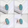 Cluster Rings Fashion Oval Hexagon Turquoise Kallaite Healing Crystal Ring Blue Stone Geometric Gold Plated Finger For Women Jewelry Dhm24