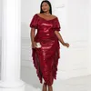 Plus Size Dresses Shiny Party Gowns Women Short Lantern Sleeves Pleated Dress Glitter Luxury Bodycon Elegant Sexy Wedding Evening Spring