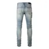 Heren jeans high street trendy merk geborduurd grote gaten gewassen oude slanke fit kleine voeten lichte kleur heren broek potlood Jean