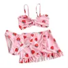 Cute Childrens Swimsuit Strawberry Two piece Printed Girls Bikini Lace Pleated