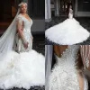 2023 Luxury Mermaid Wedding Dresses Bridal Gown Beaded Crystals Long Sleeves Ruffles Deep V Neck Chapel Train Custom Made Vestidos de novia Plus Size