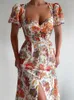 Women's Swimwear Sexy Puff Sleeve French Style Dress Women Square Collar OL Chic Bodycon Summer Floral Printed Beach Cover Up Sundress