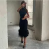 Party Dresses Short Black Muslim Evening With Feathers ALine Gowns Prom Dress Tea Length Robe de for Women 230214