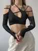 T-shirt Femme Goth Dark Cyber Y2k Techwear Punk Femmes Halter Tops Gothique Egirl Patchwork Manches Longues Crop Top Sexy Découpé Casual T-shirts 230215