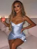 Повседневные платья Dulzura Женщины Satin Bess Mini Dress Lace Up Bandage Bodyconless Sexy Streetwear Club Элегантная летняя одежда T230210