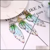 Stud Butterfly Wing oorbellen Fairy Rainbow gradi￫nt Purple Green Pink Blue Rhinestone Lange druppel voor vrouwen bruiloft Levering Jood Dh5tj