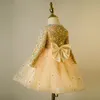 Robes de filles en or pour le mariage en dentelle Applique Ruffles Kids Formel Wear Sans manches Long Beach Girl's Pageant Robes d'anniversaire paillettes 403