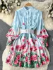 Casual Dresses Autumn Elegant Gradien Kort klänning Kvinnor Linen Stand Long Lantern Sleeve Flower Print Ruffles Buttons Sashes Mini Vestidos 230215