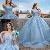 Glitter Tulle Quinceanera Elbiseler Çiçek 3D Çiçekler Aplike Kristal Boncuklar Omuz Korse Geri Tatlı 16 Prom Elbise Mezuniyet Pageant önlük