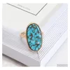 Cluster Rings Fashion Oval Hexagon Turquoise Kallaite Healing Crystal Ring Blue Stone Geometric Gold Plated Finger For Women Jewelry Dhm24