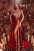 Robe de soirée sirène sexy à paillettes argentées avec jupe rouge arabe Dubaï sans bretelles haute fente longue robe de bal formelle surjupe robe de soirée 2023