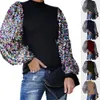 Femmes Blouses chemises mode automne hiver col montant paillettes Patchwork manches longues bouffantes Blouse petit haut 230214