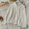 Women's Blouses Shirts Vintage Sweet White Shirt Women Korean Lace Up Peter Pan Collar Blouses Spring Autumn Elegant Office Work Long Sleeve Ladies Top 230215